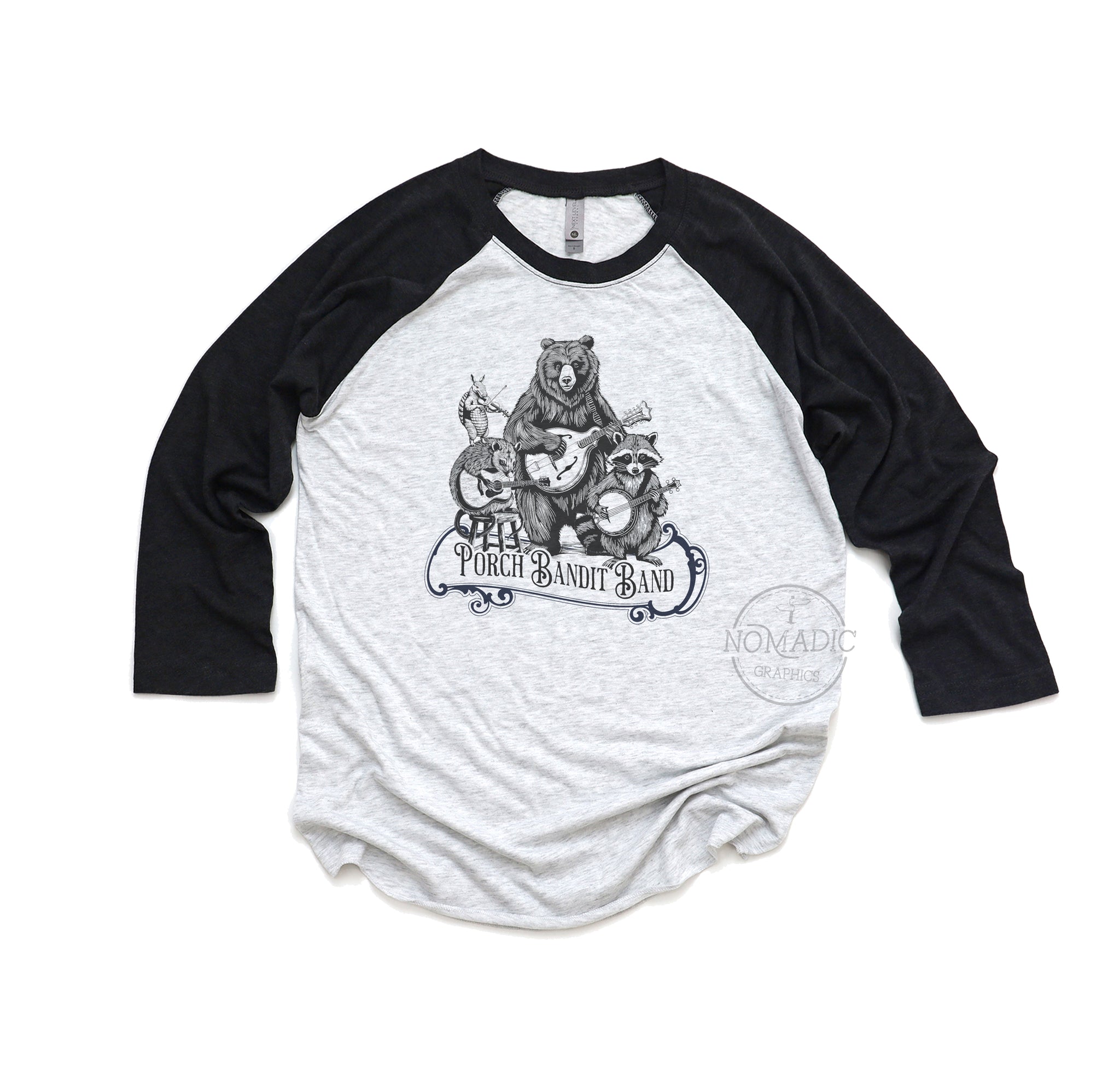 raglan baseball tee, bear, opossum, raccoon, armadillo, bluegrass band